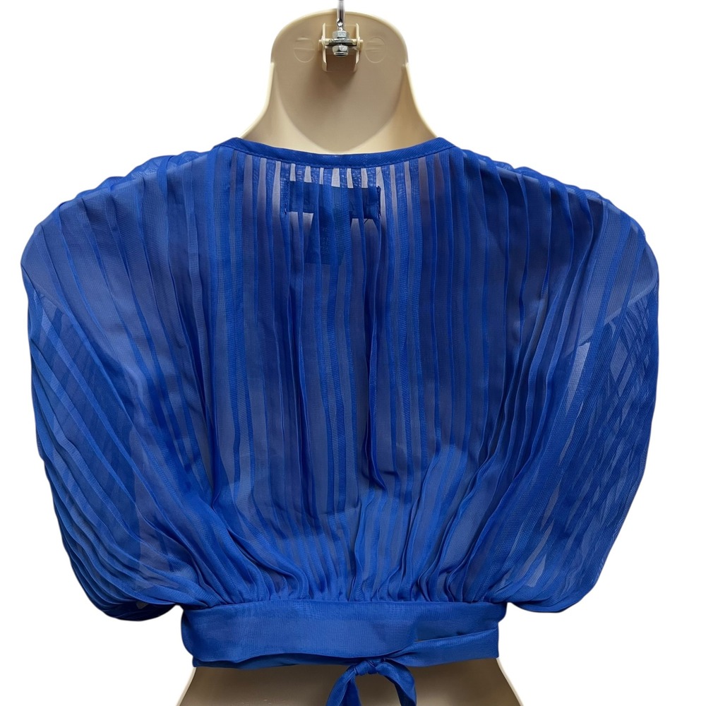 Audrey Lane Royal Blue Pleated Surplice V-Neck Crop Top Tie Back Small - Picture 3 of 4